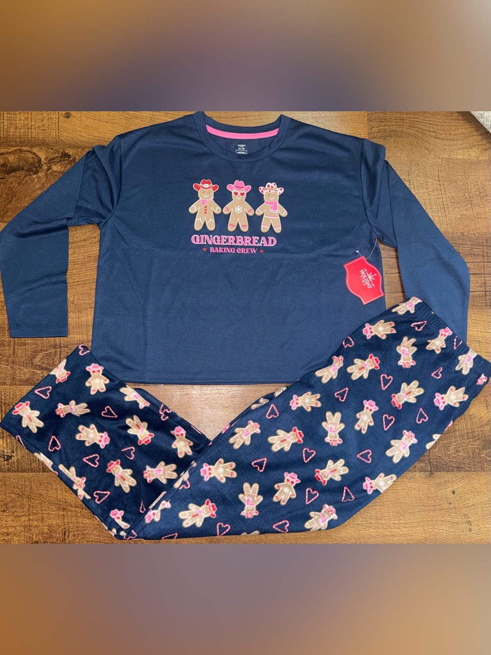 Holiday Time Navy Blue Gingerbread Pajama Set with Pink Accents